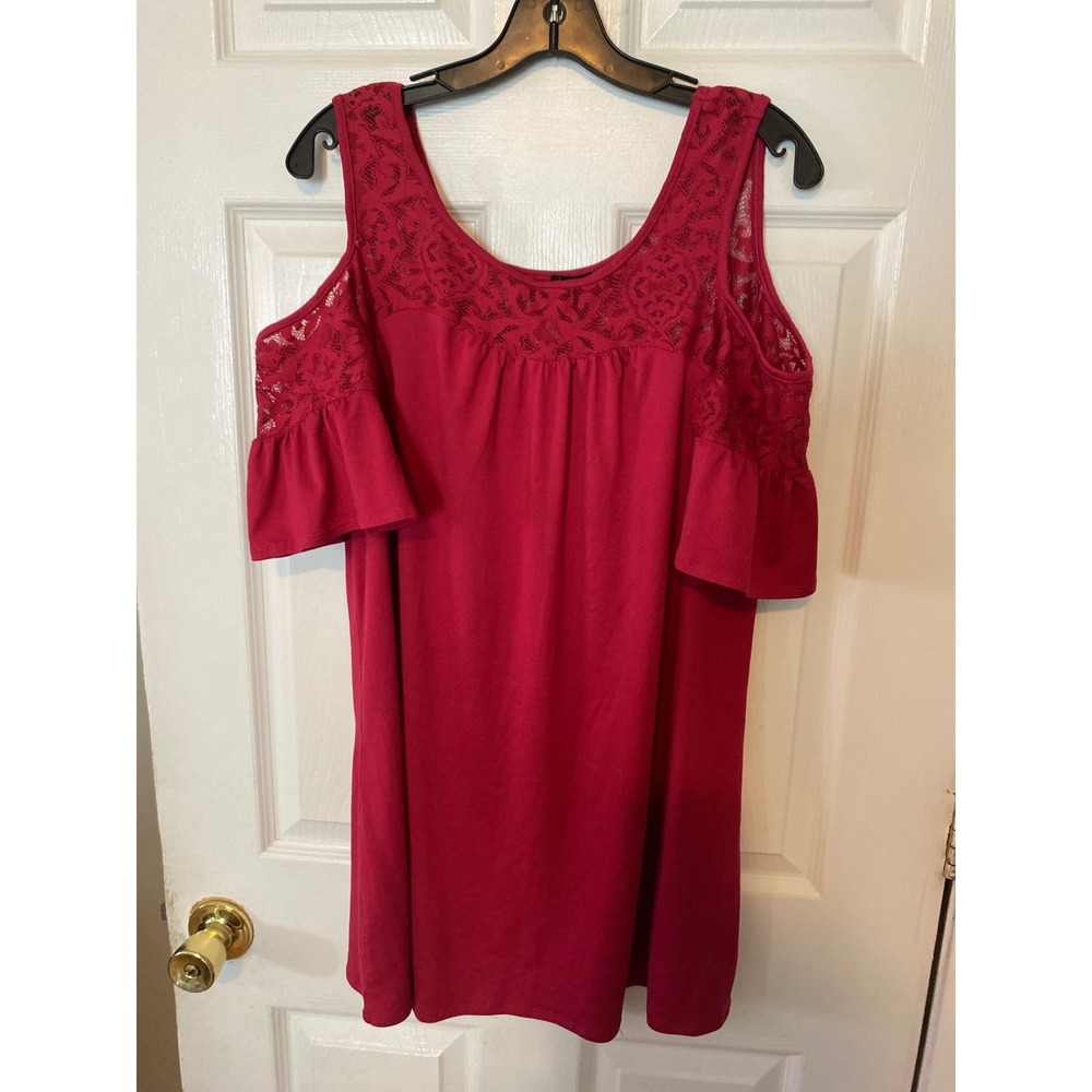 Bebop Womens Red Cold Shoulder Lace Trim Flutter Sleeve Blouse Top L